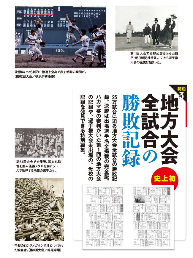 ●特色3　地方大会 全試合の 勝敗記録 25万試合に迫る地方大会全試合の勝敗記録、決勝は出場選手名全掲載の完全版。ハカマ姿の審判がいた第1回の地方大会の記録や、選手権大会未出場の、母校の記録を発見できる特別編集。　第1回大会で始球式を行う村山龍平・朝日新聞社社長。ここから選手権大会の歴史は始まった。　決勝はいつも劇的！　歓喜を全身で表す感動の瞬間だ。（第62回大会／横浜が初優勝）　第64回大会で初優勝。蔦文也監督を囲み優勝メダルを胸にジュースで乾杯する池田の選手たち。　手製のロングメガホンで埋めつくされた観客席。（第8回大会／鳴尾球場）