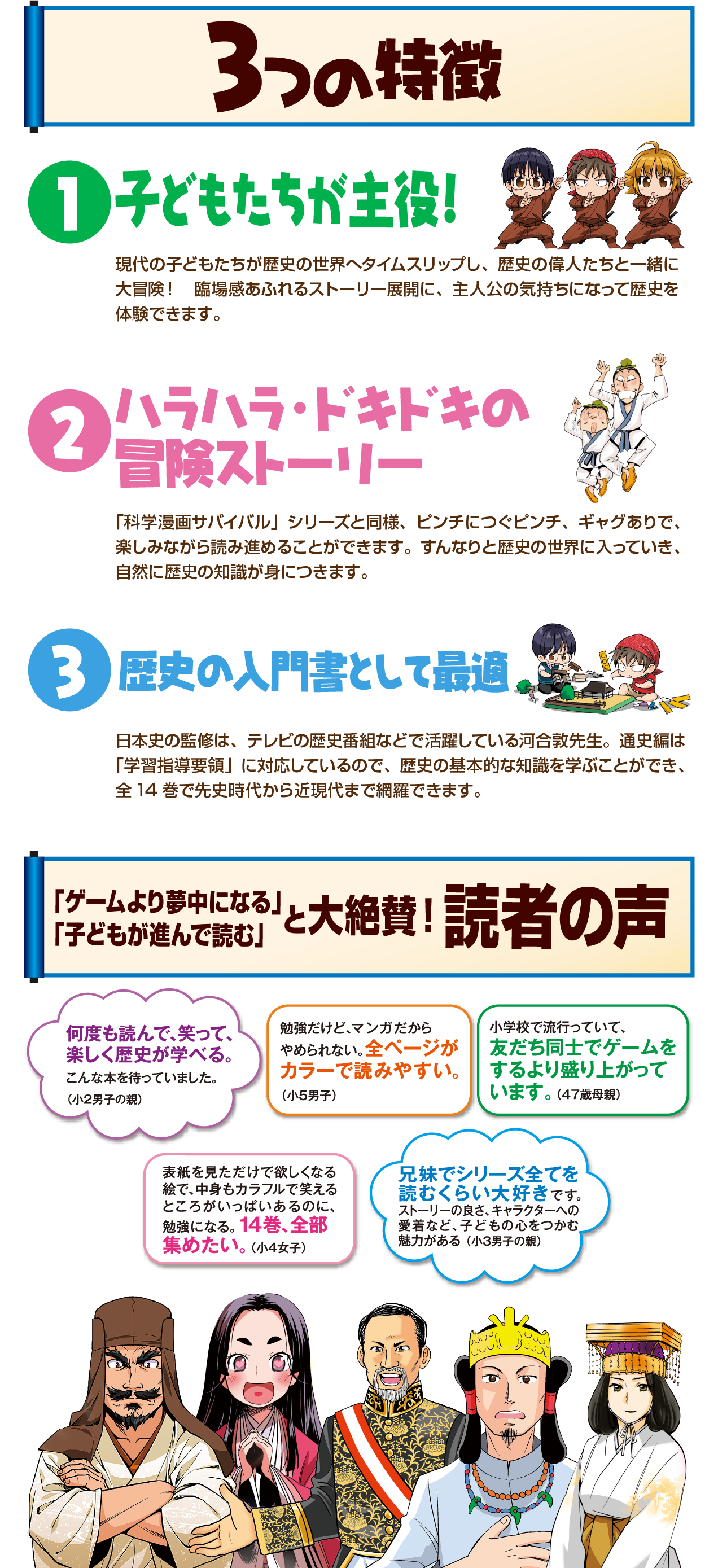 3つの特徴（1）こどもたちが主役！　現代の子どもたちが歴史の世界へタイムスリップし、歴史の偉人たちと一緒にサバイバルします。臨場感あふれるストーリー展開に、主人公の気持ちになって歴史を体験できます。（2）ハラハラ・ドキドキの冒険ストーリー　「科学漫画サバイバル」シリーズと同様、ピンチにつぐピンチ、ギャグありで、楽しみながら読み進めることができます。すんなりと歴史の世界に入っていき、自然に日本史の知識が身につきます。（3）小学校3〜4年生向けに、歴史学習の入門書として最適　日本史の監修は、テレビの歴史番組などで活躍している河合敦先生。「学習指導要領」に対応しているので、歴史の基本的な知識を学ぶことができ、全14巻で先史時代から現代まで網羅できます。「ゲームより夢中になる」「子どもが進んで読む」と大絶賛！読者の声